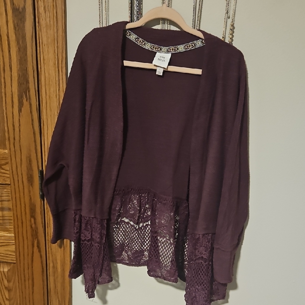 Knox Rose Plum Lace-Hem Open Cardigan